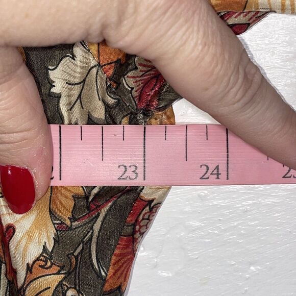 100% Silk Floral Blouse Brown Orange Red Long Sleeve Button Front Women’s Large - Picture 7 of 9